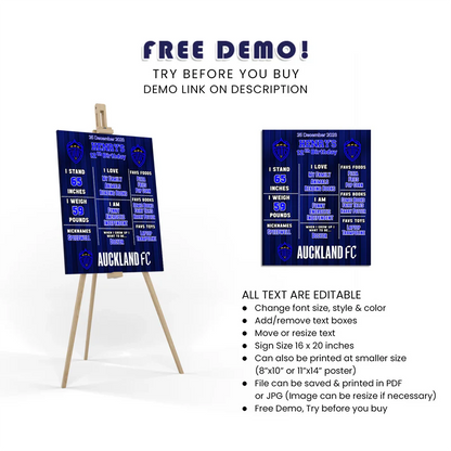 Auckland FC Milestone Poster Custom Birthday Sign for Football Fans
