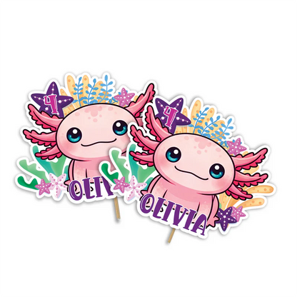 Axolotl cake toppers with cartoon designs in soft pastel tones, layered cutouts on white background for party display