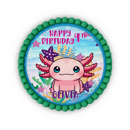 Axolotl icing cake images with cute axolotl illustration in pink and aqua, ready for themed birthday desserts