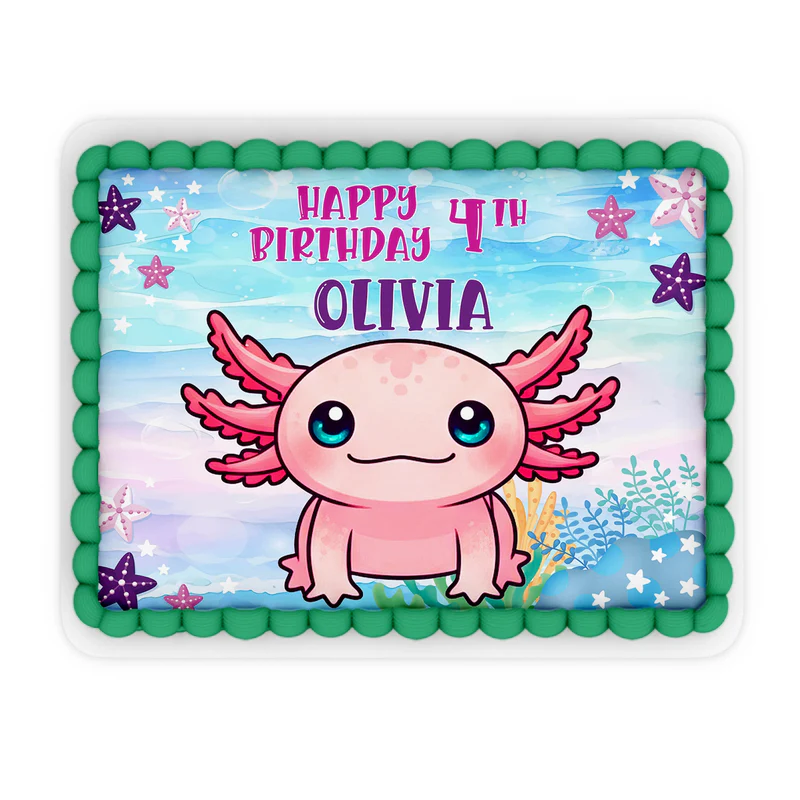 Axolotl sheet cake images featuring smiling pink axolotl and bubbles, printed on edible sheet against white background