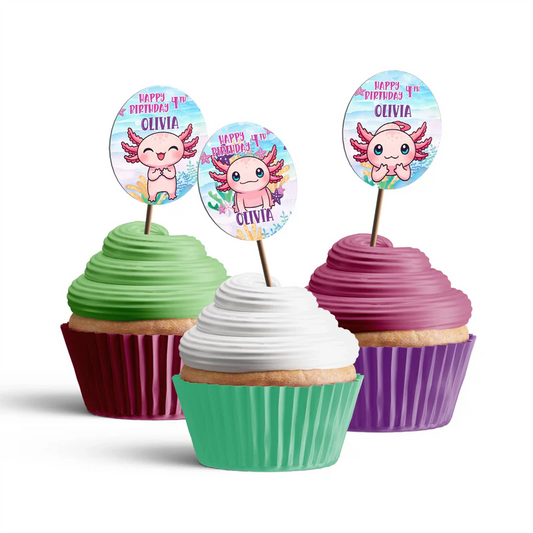 Axolotl cupcake toppers with round pastel designs featuring axolotls and underwater theme, flat lay on white surface