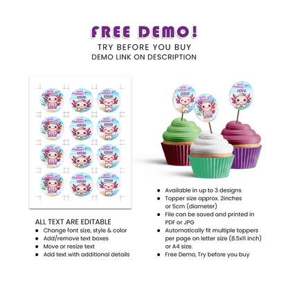 Axolotl Cupcake Toppers Personalized Birthday Party Set