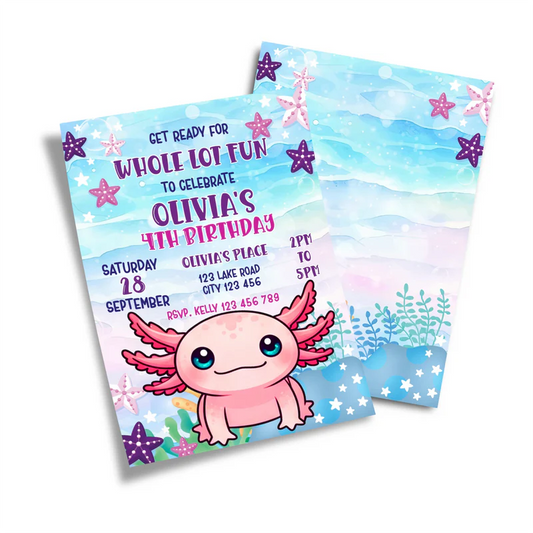 Axolotl birthday invitations in pink and blue tones with cartoon axolotl illustration, displayed flat on clean background
