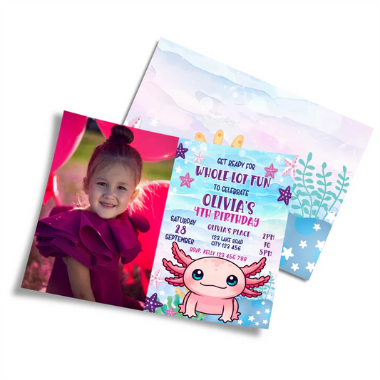 Axolotl photo invitations featuring custom name area with pastel underwater details, laid flat on white background