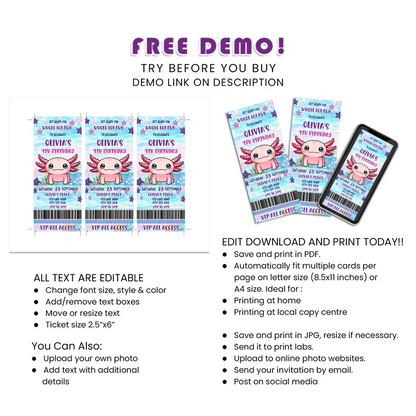 Axolotl Birthday Ticket Invitations Custom Party Invite