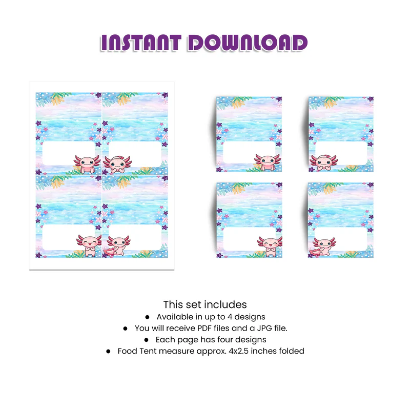 Axolotl Food Cards Personalized Party Table Decor