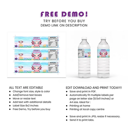 Axolotl Water Bottle Label Custom Birthday Party Wrap
