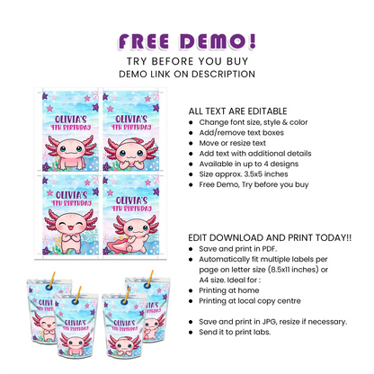 Axolotl Juice Pouch Label Personalized Party Drink Design