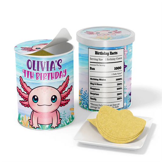 Axolotl small Pringles label with underwater pattern and axolotl artwork in pink tones, flat lay display