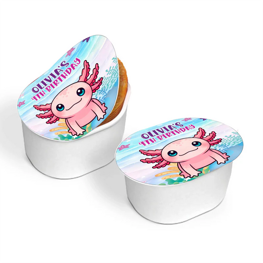 Axolotl mini Pringles label featuring cute cartoon axolotl in bubbles, pastel pink and blue tones on white background
