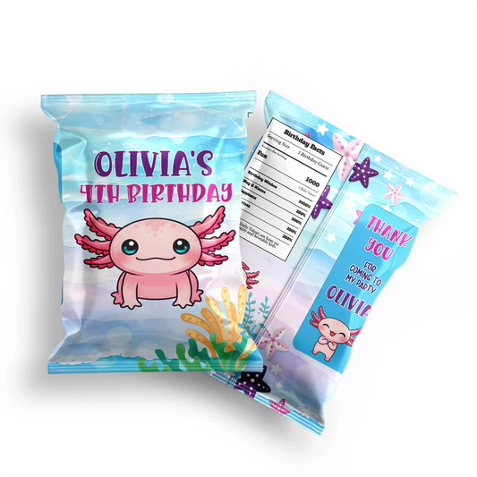 Axolotl chips bag label with colorful design featuring axolotl and sea plants, flat lay packaging view