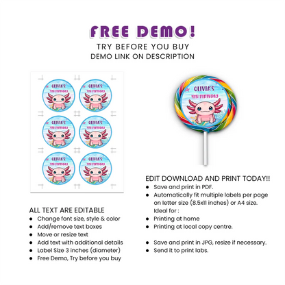 Axolotl Lollipop Label Personalized Party Candy Tag
