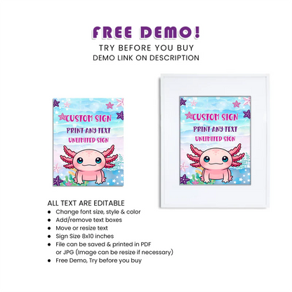 Axolotl Custom Sign Personalized Birthday Party Decoration