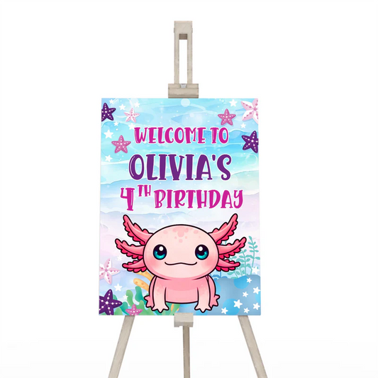 Axolotl welcome sign featuring cartoon axolotl in underwater setting with seaweed accents, pastel colors