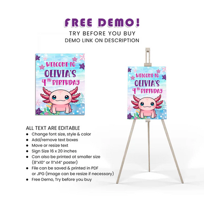 Axolotl Welcome Sign Custom Birthday Party Display