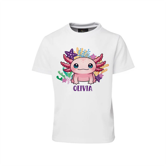 Axolotl T-shirt with cute cartoon axolotl design in pink and blue, laid flat on white background