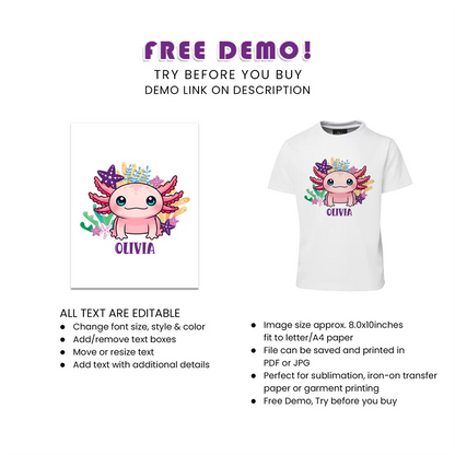 Axolotl Sublimation T-Shirt Custom Cute Birthday Design