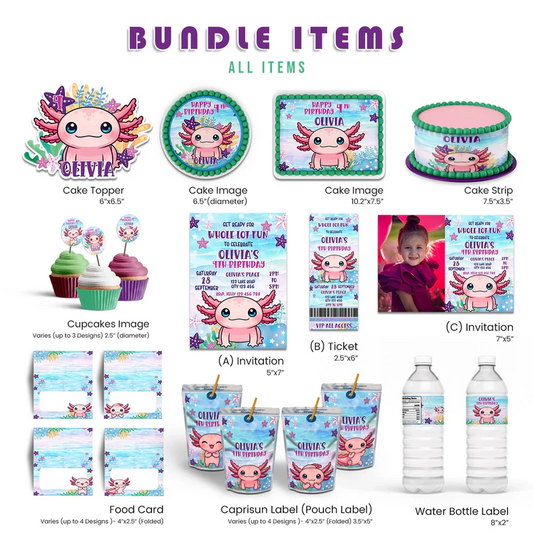 Axolotl party pack with pastel pink and blue decorations on white background, featuring personalized designs for themed celebrations