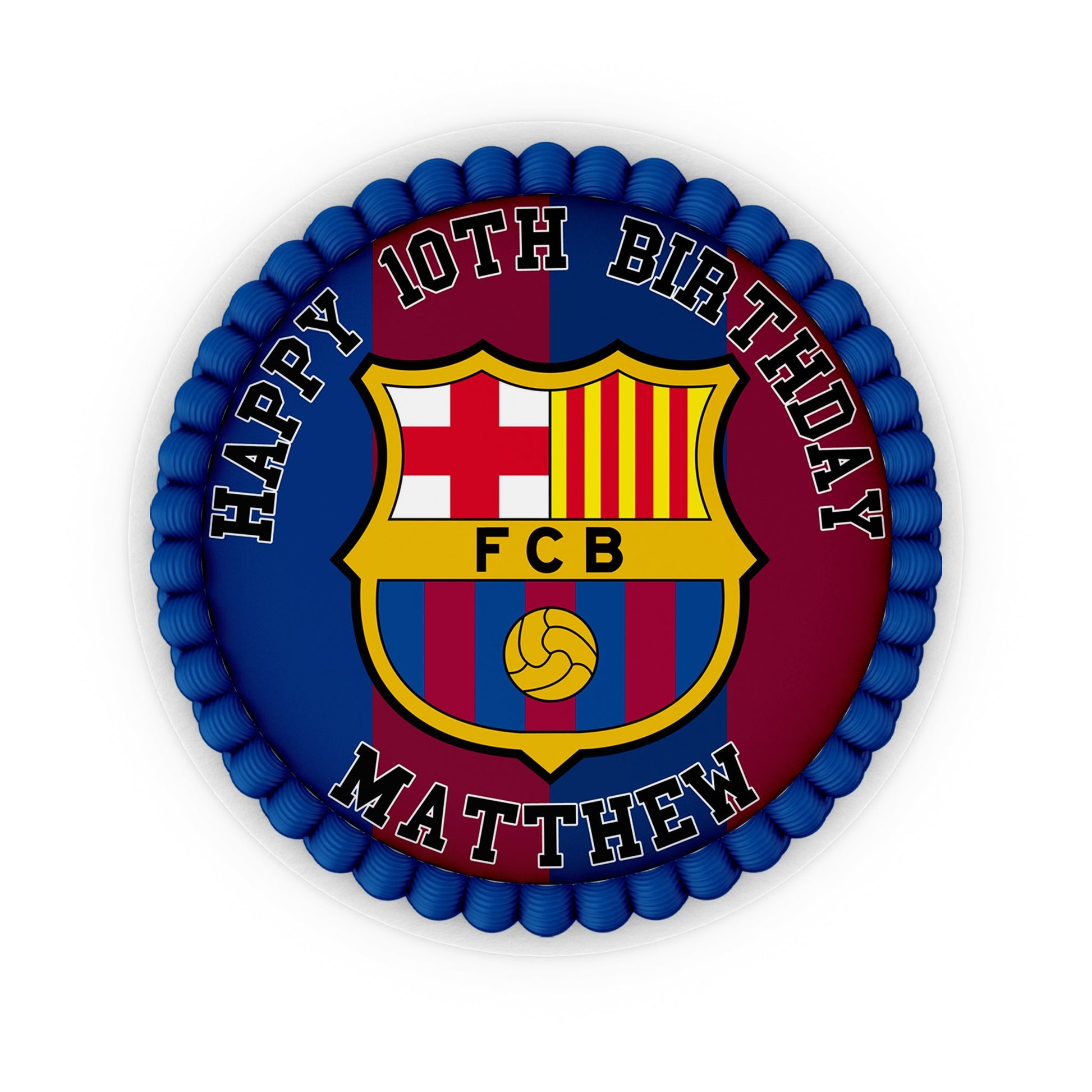 Round-shaped FC Barcelona personalized cake images