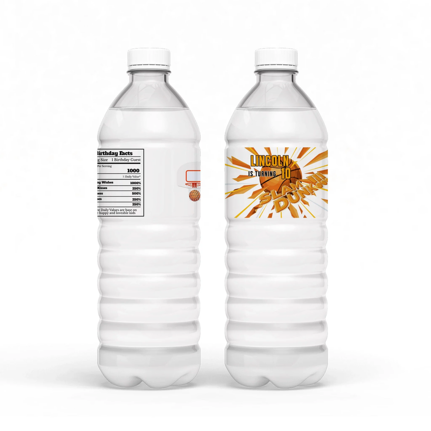 Basketball water bottle label customizable for drinks, adding a sporty flair to your event's beverage display