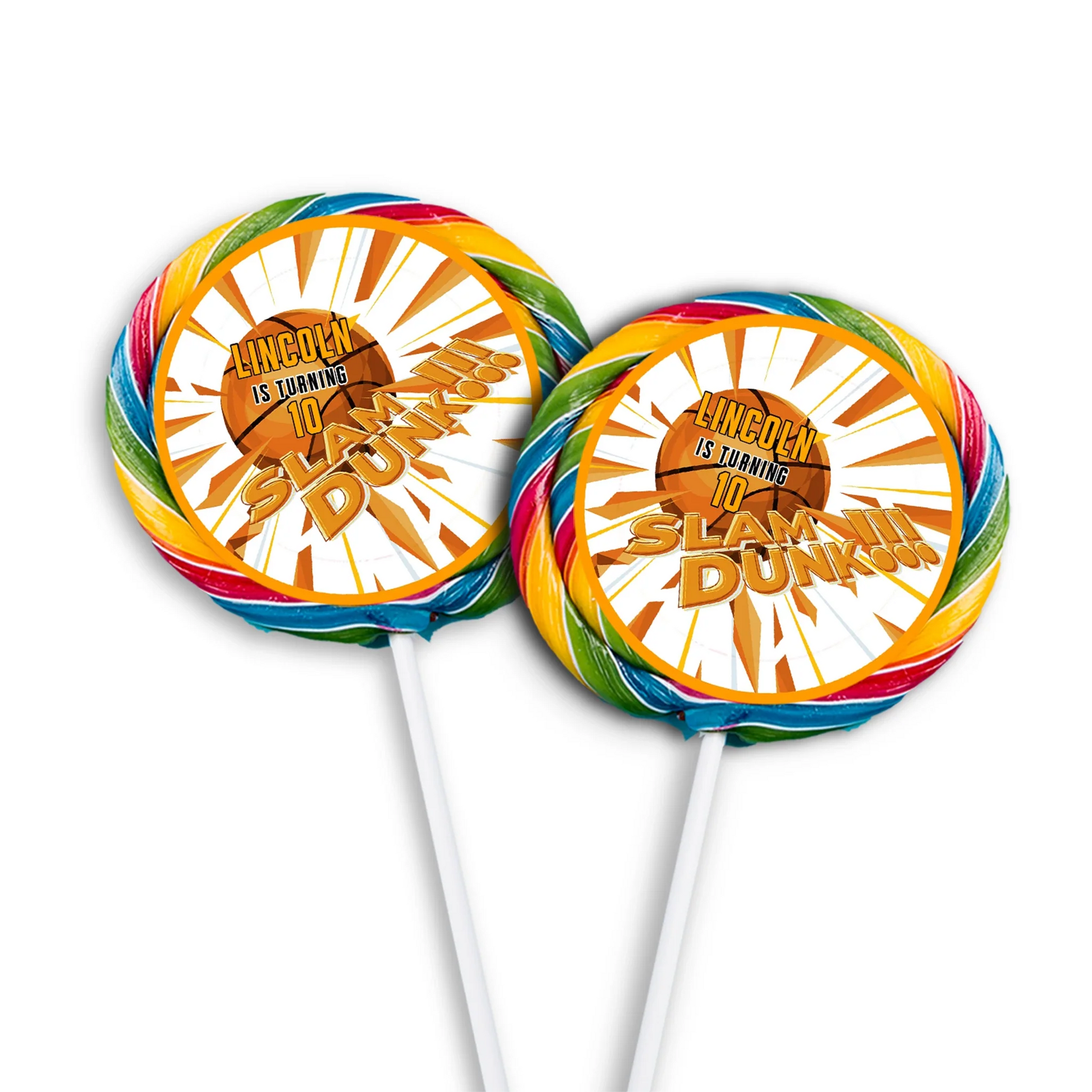 Basketball lollipop label featuring customizable designs for a playful addition to party candy displays