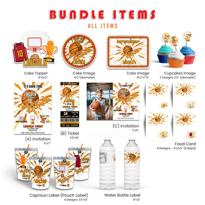 Basketball personalized digital template party pack with editable decorations and custom designs