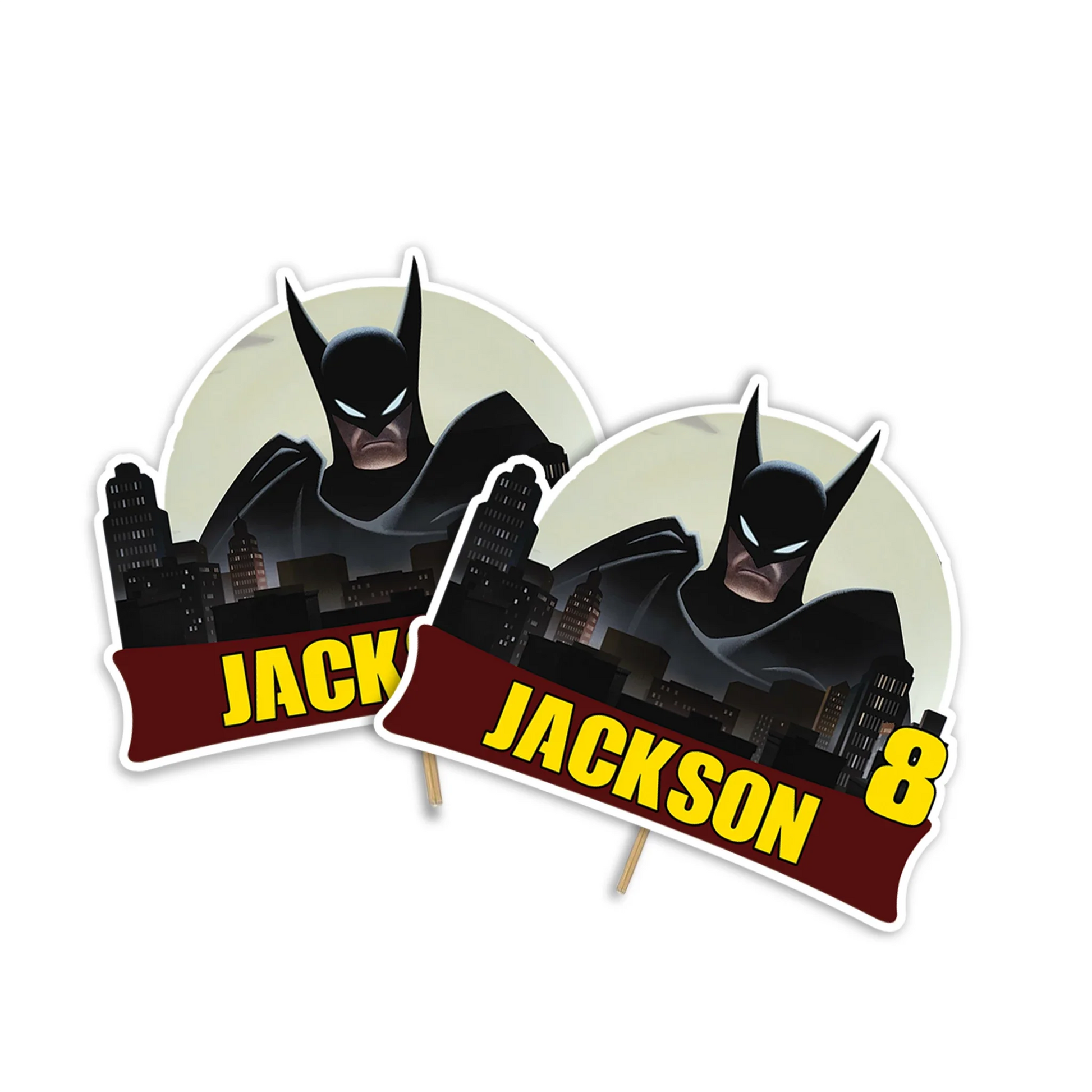 Batman personalized cake toppers featuring custom designs for themed celebrations