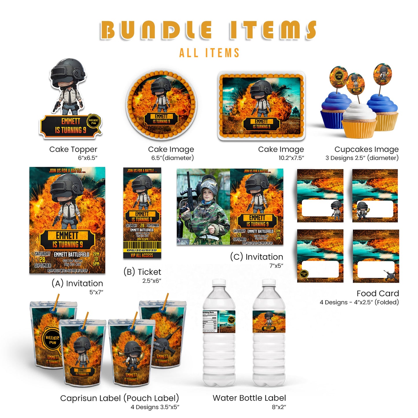 PUBG personalized digital party pack with editable decorations and printable templates