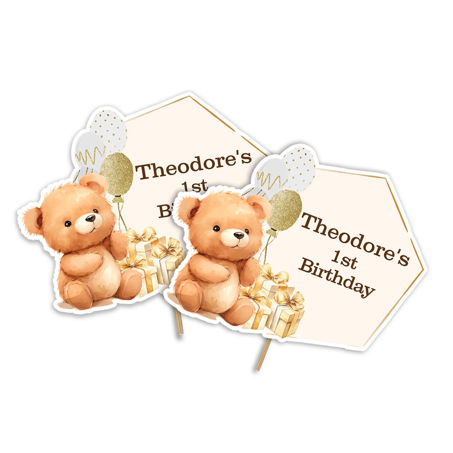 Bear personalized cake toppers featuring adorable teddy bear designs in pastel colors on white background