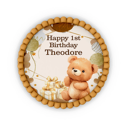 Bear personalized edible icing cake images with cute teddy bear artwork in soft neutral tones