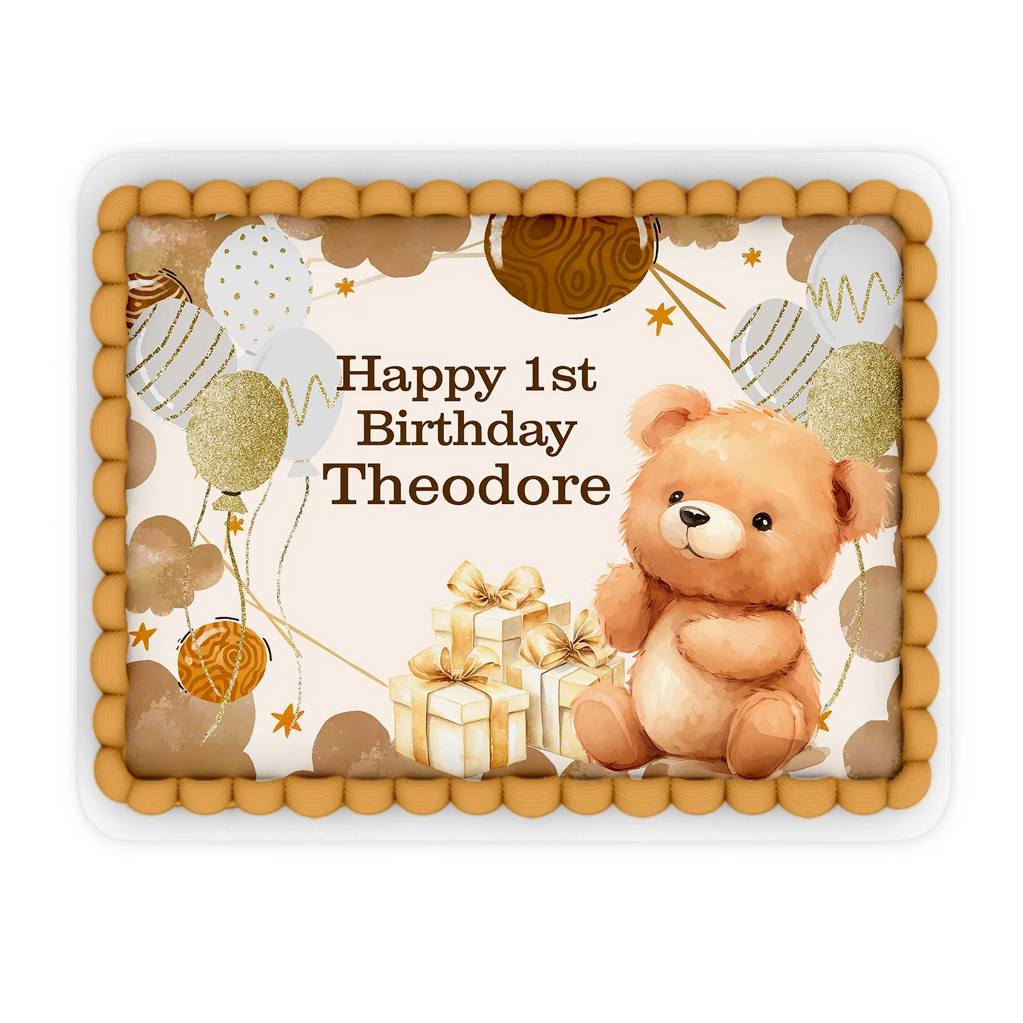 Bear personalized edible sheet cake images with teddy bear theme in beige, brown, and cream colors