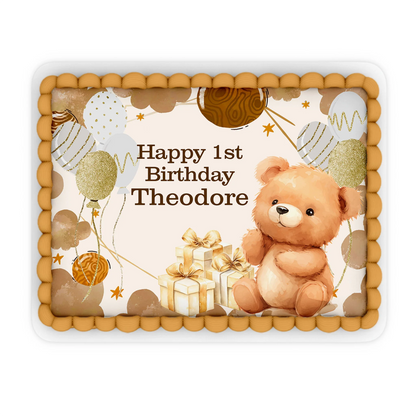 Bear personalized edible sheet cake images with teddy bear theme in beige, brown, and cream colors