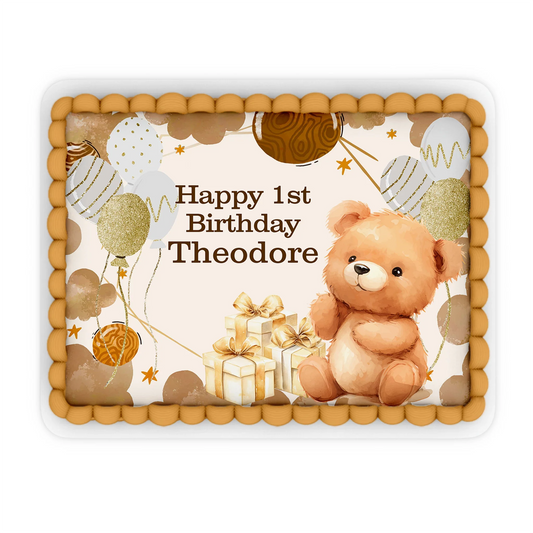 Bear personalized edible sheet cake images with teddy bear theme in beige, brown, and cream colors