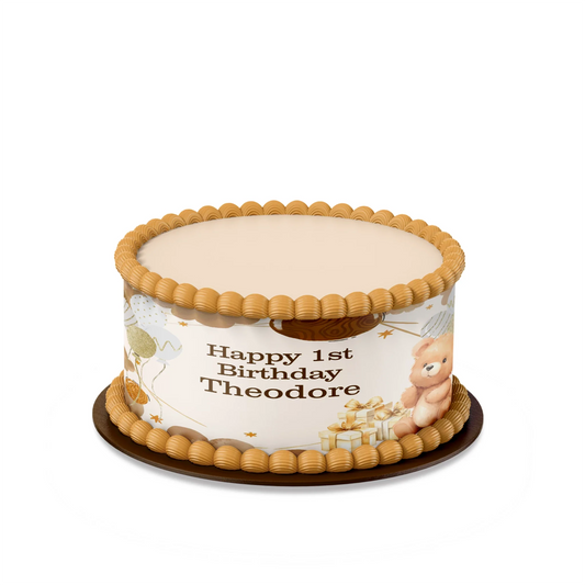 Bear personalized cake strips with soft brown and beige teddy bear patterns laid flat on white background