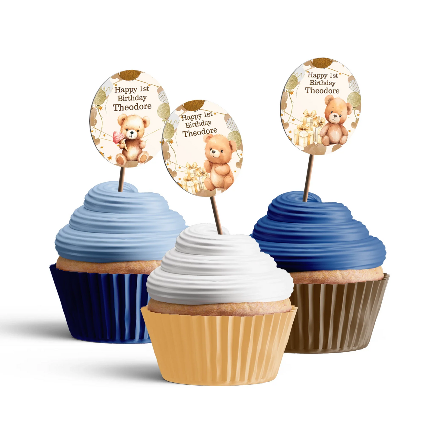 Bear personalized cupcake toppers with sweet teddy bear illustrations on white background