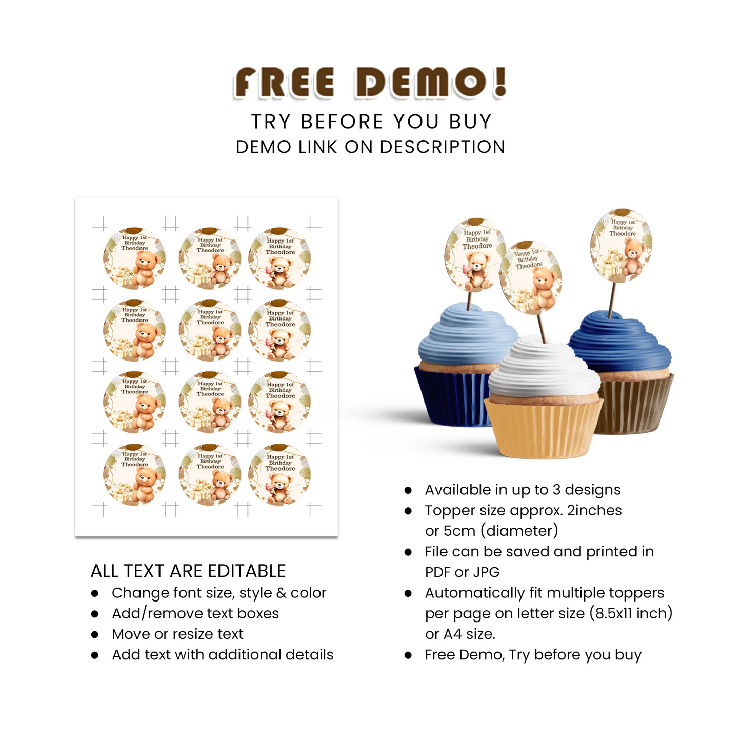 Bear Personalized Cupcake Toppers Printable