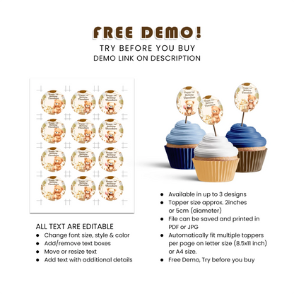 Bear Personalized Cupcake Toppers Printable