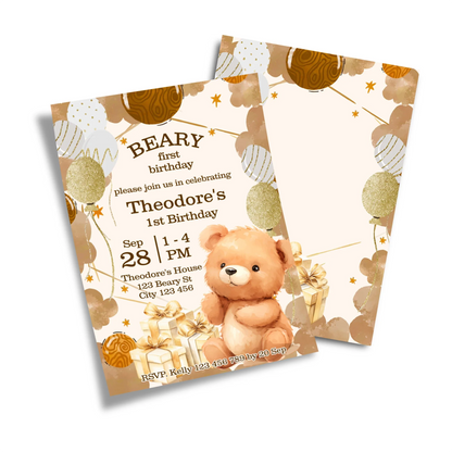 Bear personalized birthday card invitations with cute bear theme in soft pastel colors shown flat lay