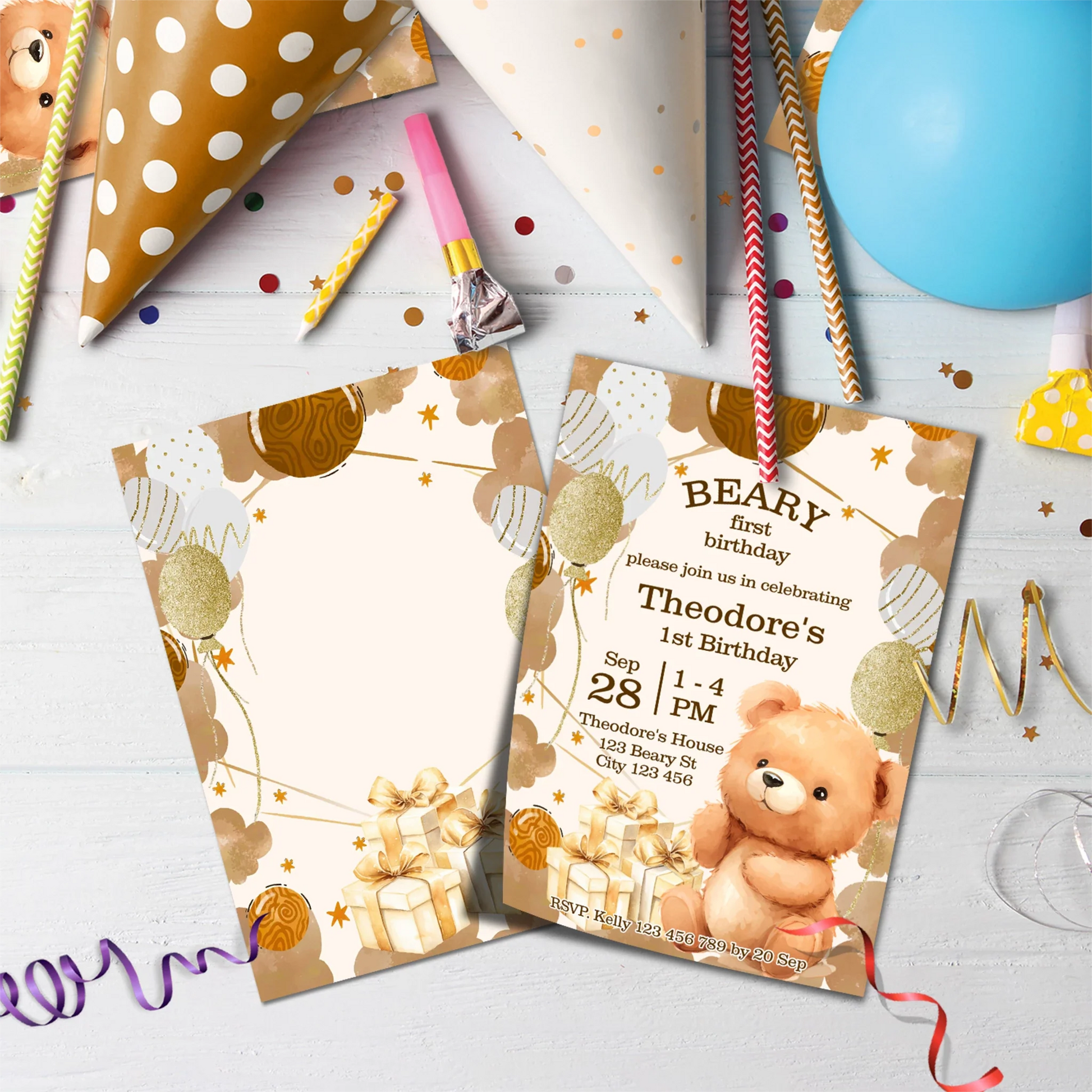 1st Birthday Birthday Decorations, Teddy Bear Party Supplies, Paddington Bear Themed, Bear doll toys Digital Template, Editable Bear Image SVG PNG