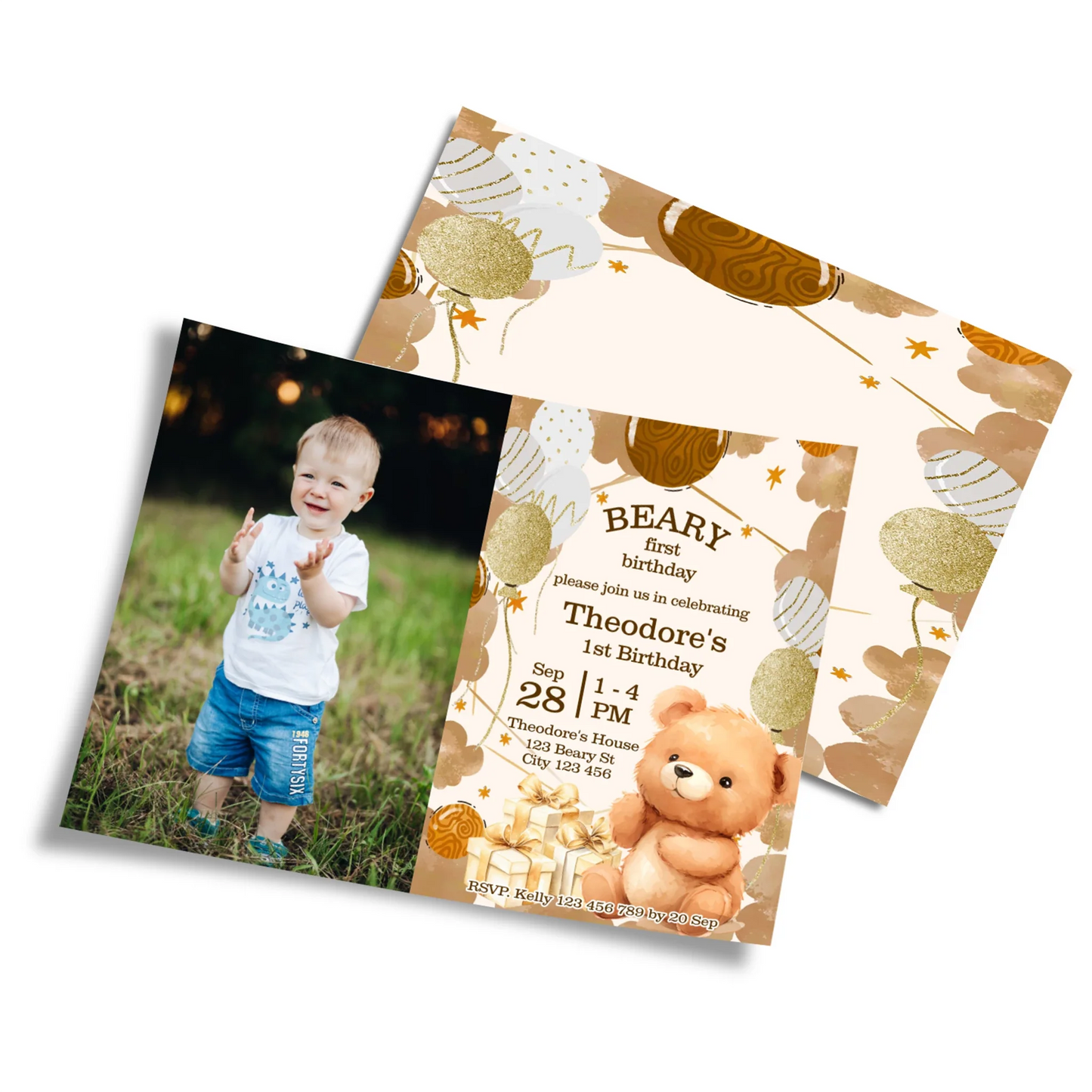 Bear personalized photo card invitations with teddy bear design and custom photo space