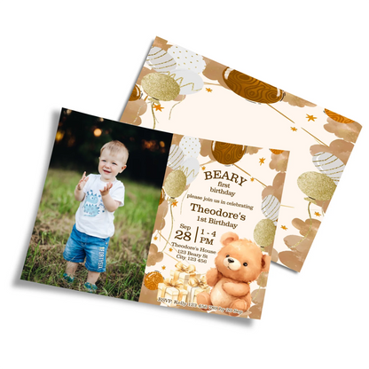 Bear personalized photo card invitations with teddy bear design and custom photo space