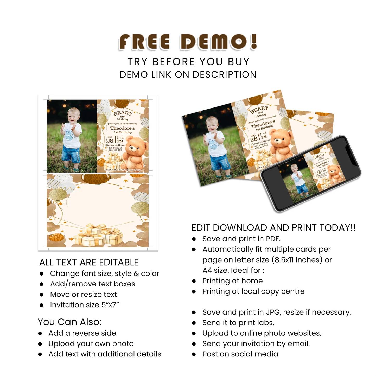 Bear Personalized Photo Card Invitations