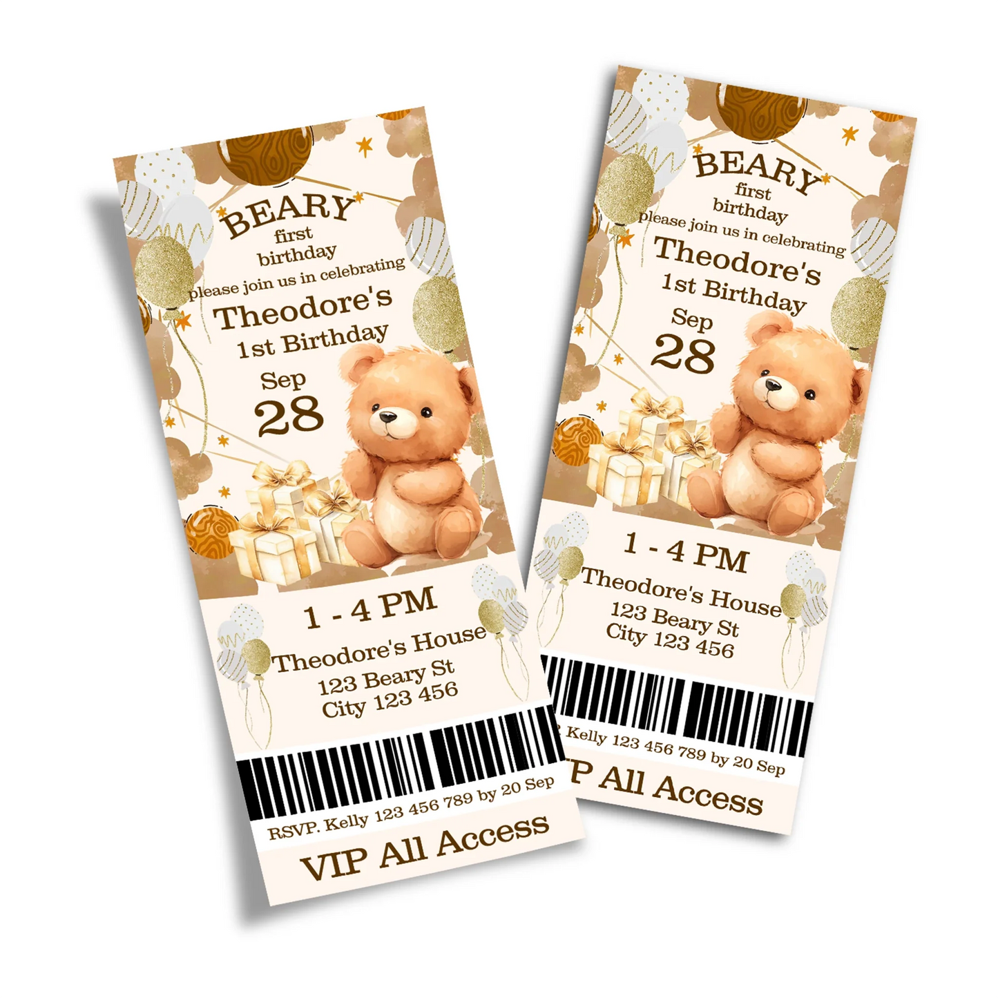 Bear personalized birthday ticket invitations with playful bear graphics in neutral tones
