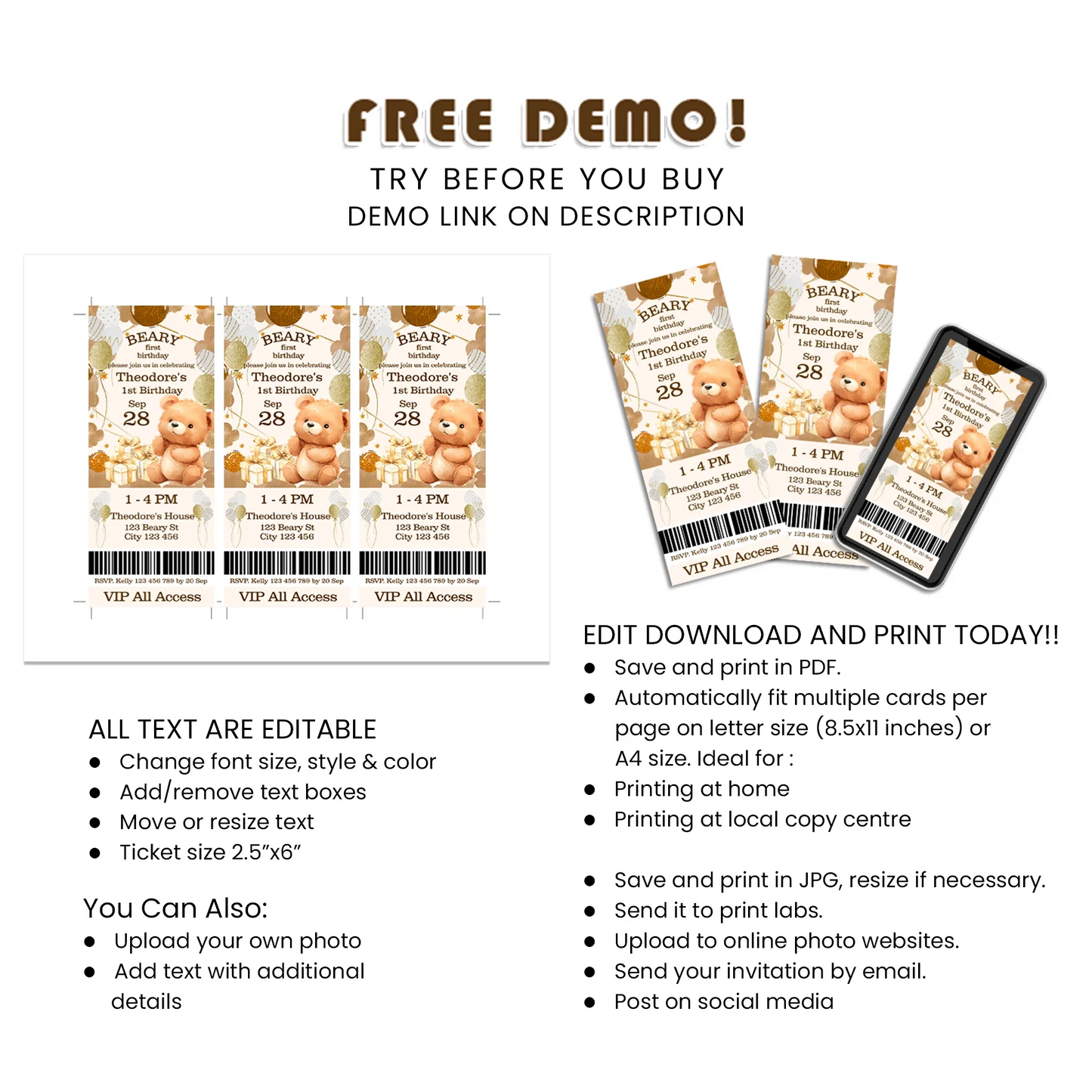 Bear Personalized Birthday Ticket Invitations