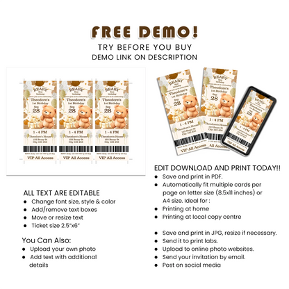 Bear Personalized Birthday Ticket Invitations