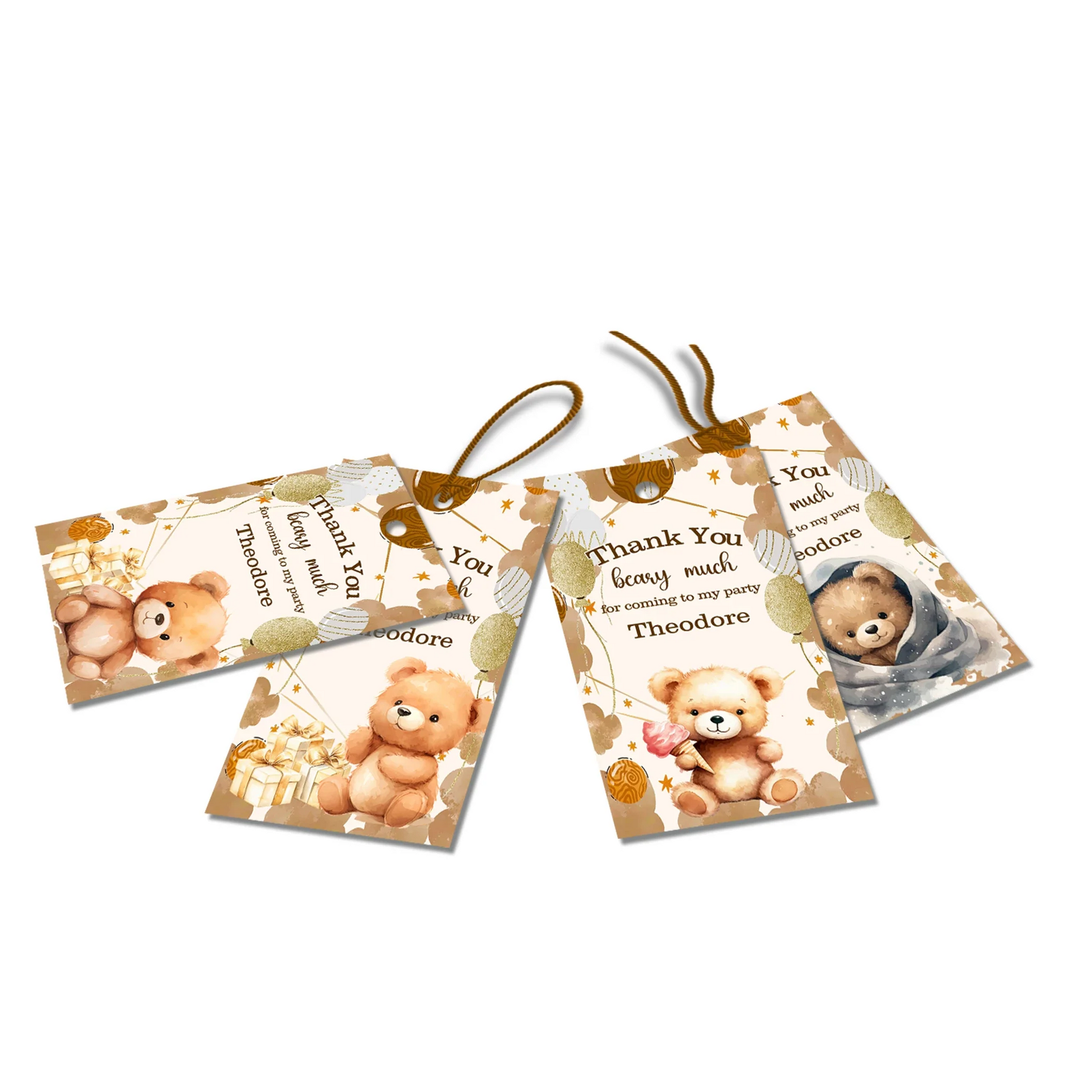 Bear thank you tags with adorable teddy bear design in beige and brown on white background