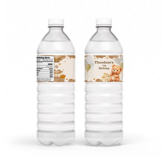 Bear water bottle label with teddy bear theme in beige and brown wrapped around bottle