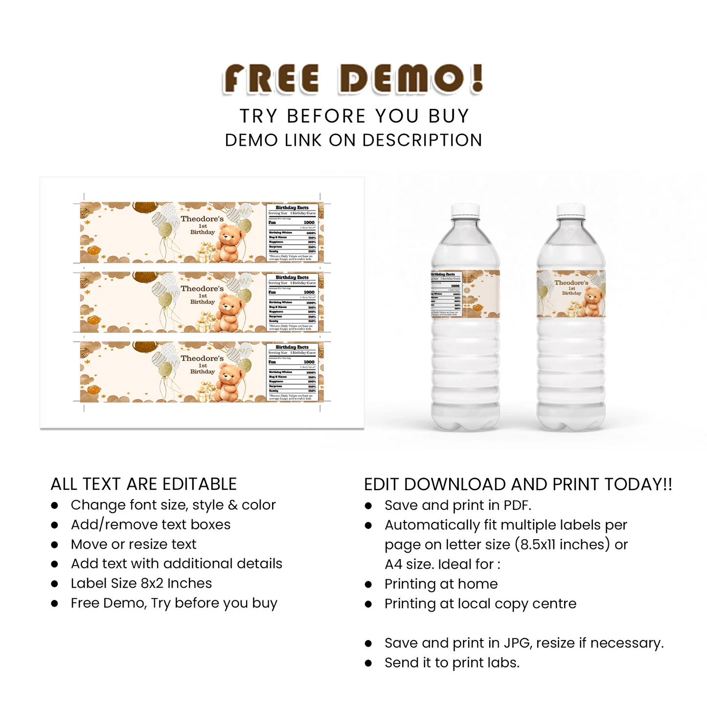 Bear Water Bottle Label Printable