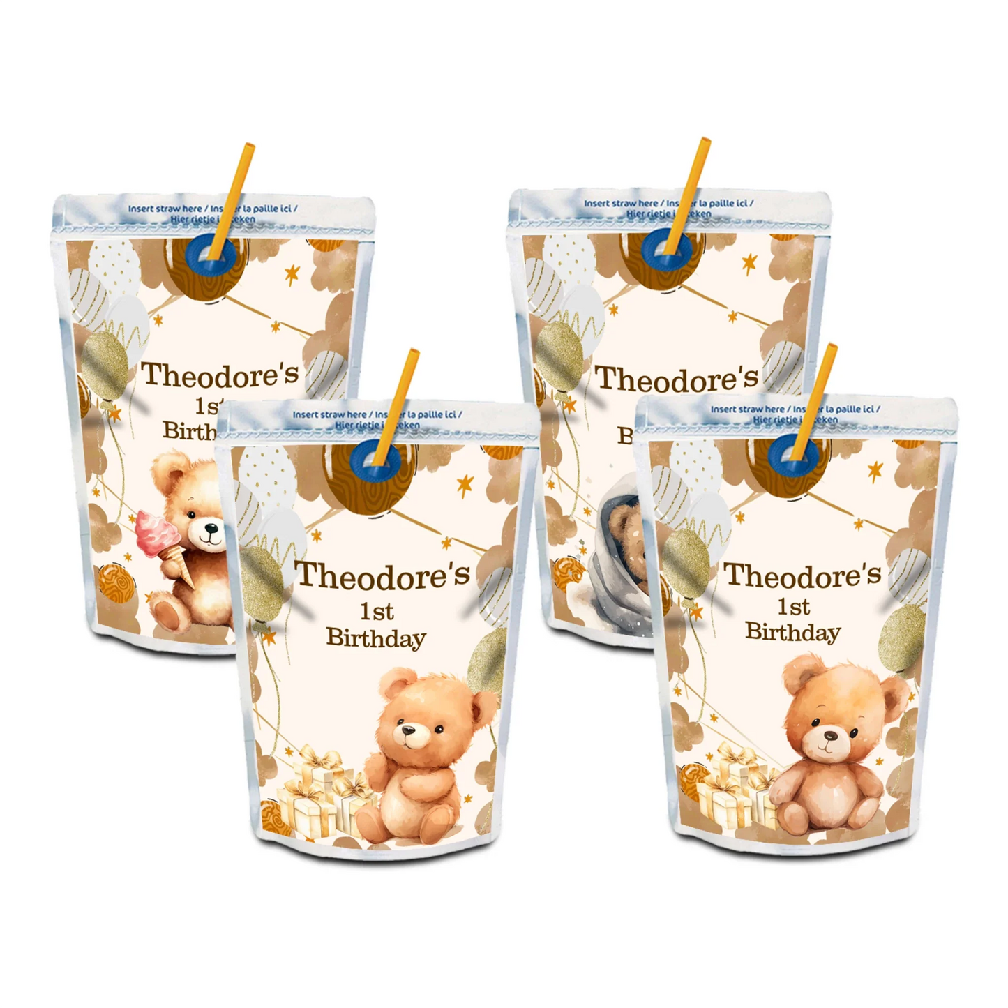 Bear juice pouch label with cute bear design in soft neutral tones on white background