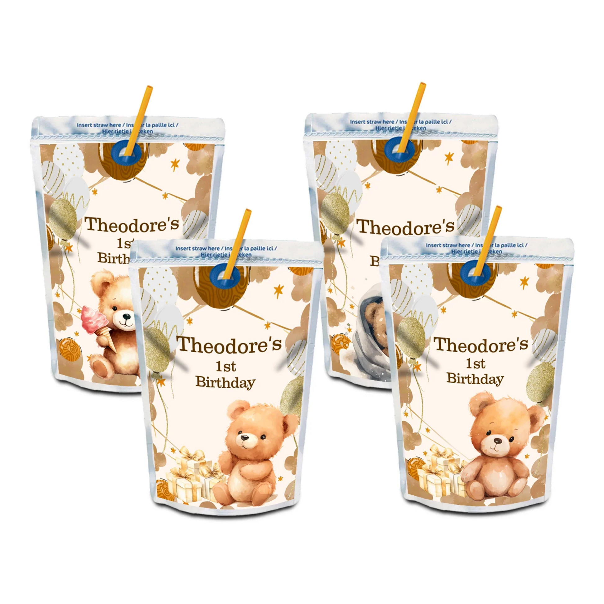 Bear juice pouch label with cute bear design in soft neutral tones on white background